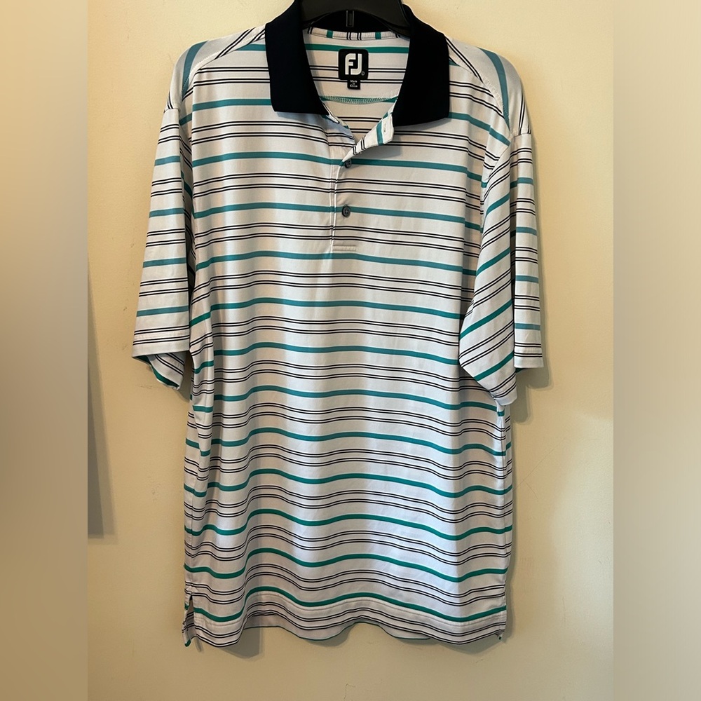 Footjoy FJ‎ Mens Green White Striped Short Sleeve Polo Golf Shirt Large